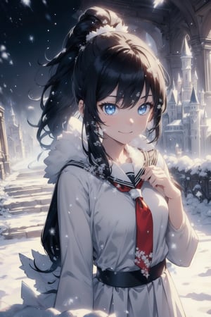 anime style beautiful woman, 1girl, (ponytail), black hair, (long hair), (smile), (((path leading to castle in background. scene takes place in winter. snow. cold. very low temperature. cold fog))),
Slender, skinny, (turime), thick eyebrows, 
(school uniform), (sailor uniform), ((red sailor tie)), (white sailor blouse), 
vibrant colors, sharp focus, best quality, depth of field, cinematic lighting, (illustration, 8k CG, extremely detailed), ultra-detailed, high resolution, firefliesfireflies, perfect light, 
stylish pose, 8k, very clear, highest quality, high resolution. best quality, illustration, sax blue, 1girl, cute, (dynamic lighting:1.2), cinematic lighting, delicate facial features, detailed eyes, sharp pupils, realistic pupils, depth of field, bokeh, sharp focus, (hyper-detailed, bloom, glow:1.4), many small gems,salttech