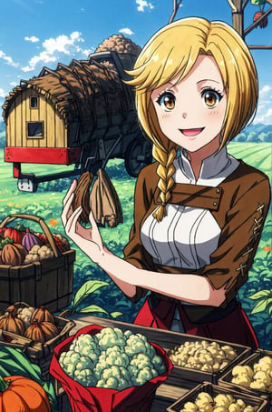 ((Bounty, harvest)), ((surrounded by nuts, Vegetables, Grains, dried meat)), Enri Emmot, beutiful woman, 1girl, solo, smile, score_9, score_8_up, score_7_up, source_anime, best quality, masterpiece, 1girl, enri emmot, overlord, brown eyes, blonde hair, facing viewer, beautiful lighting, side plait, plaited hair, smile, outdoors, field, clear sky, dress, very aesthetic, anime screencap,