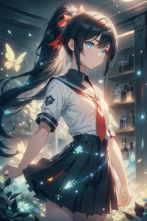 anime style beautiful woman, 1girl, (ponytail), black hair, (long hair), 
Slender, skinny, (turime), thick eyebrows, 
(school uniform), (sailor uniform), ((red sailor tie)), (white sailor blouse), 
((Gorgeous fantasy masterpiece in dark color tone)), 
vibrant colors, sharp focus, best quality, depth of field, cinematic lighting, (illustration, 8k CG, extremely detailed), ultra-detailed, high resolution, firefliesfireflies, perfect light, 
stylish pose, 8k, very clear, highest quality, high resolution. best quality, illustration, sax blue, 1girl, cute, (dynamic lighting:1.2), cinematic lighting, delicate facial features, detailed eyes, sharp pupils, realistic pupils, depth of field, bokeh, sharp focus, (hyper-detailed, bloom, glow:1.4), many small gems,