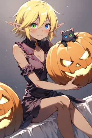 sitting, light smile, witch, Woman dressed in a spooky Halloween costume, holding a carved pumpkin, surrounded by pumpkin,  Aura Bella Fiora \(overlord\), 1girl, solo, short hair, blonde hair, hair between eyes, blue eyes, green eyes, heterochromia, dark skin, elf, ((another black cat)), 
looking at viewer, smile, blush, 


face, close up, simple background, standing, stylish pose, 
score_9,score_8_up,score_7_up,source_anime, dutch angle, 