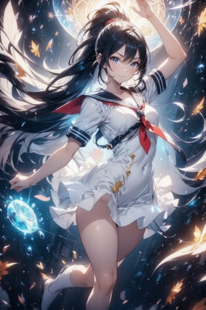 anime style beautiful woman, 1girl, (ponytail), black hair, (long hair), smile, (arms raised in the air), full body, 
Slender, skinny, (turime), thick eyebrows, 
(school uniform), (sailor uniform), ((red sailor tie)), (white sailor blouse)
, in park, face, close up, front view, 
vibrant colors, female, masterpiece, sharp focus, best quality, depth of field, cinematic lighting, ((solo, one woman )), (illustration, 8k CG, extremely detailed), ultra-detailed, high resolution, firefliesfireflies,perfect light
The rays of hope in the entire universe converged on the goddess's chest, and a brand new sun was born from the goddess's chest ,(petals | rain), (Bubble | crystal), (Glory|White Cloud),
stylish pose, 8k, very clear, looking at viewer, simple background, solo, highest quality, high resolution. best quality, illustration, sax blue, 1girl, cute, (dynamic lighting:1.2), cinematic lighting, delicate facial features, detailed eyes, sharp pupils, realistic pupils, depth of field, bokeh, sharp focus, (hyper-detailed, bloom, glow:1.4), many small gems,