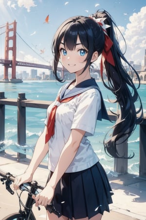 anime style beautiful woman, 1girl, (ponytail), black hair, (long hair), (smile), (beach), (outdoor, blue sky, beautiful nature, sweet smile, vivid color, sunshine, flowers, scenery)),  (riding a bicycle across the road), (((bridge))), 
Slender, skinny, Flat Chest, small breasts, (turime), thick eyebrows, 
(school uniform), (sailor uniform), ((red sailor tie)), (white sailor blouse), 
vibrant colors, sharp focus, best quality, depth of field, cinematic lighting, (illustration, 8k CG, extremely detailed), ultra-detailed, high resolution, firefliesfireflies, perfect light, 
stylish pose, 8k, very clear, highest quality, high resolution. best quality, illustration, sax blue, 1girl, cute, (dynamic lighting:1.2), cinematic lighting, delicate facial features, detailed eyes, sharp pupils, realistic pupils, depth of field, bokeh, sharp focus, (hyper-detailed, bloom, glow:1.4), many small gems