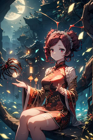 Entoma Vasilissa Zeta, girl, burgundy hair, short hair, twin buns, insect antennae, porcelain face, red-black eyes, black eyes scars
Slender, skinny, chinese dress, maid hairband,
(masterpiece), (best quality), 8k illustration,
solo,1girl, maid dress, maid uniform, red theme, red outfit, red uniform, Chinese dress, Chinese theme outfit, Chinese pattern outfit, thick scar on her face, thick scar on her skin, Chinese hair ornament, Slender, skinny, flat chest, 
sleeves, large sleeves, (((China dress, huge sleeves, sleeves hide hands))), no hands,  looking at viewer, upper body,
light,detail,atmosphere,effects,color, ((gigantic spider shadow behind)), 
darkness, night, (sitting), full body