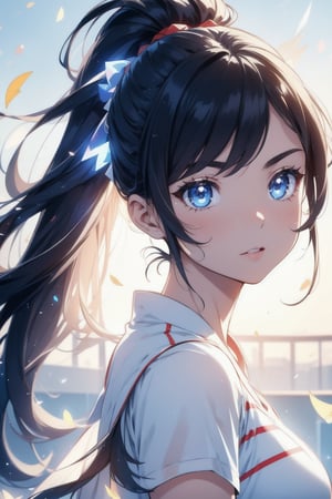 Paris Olympics, (((tennis))), (blue sky), (white, red, blue, tricolor color), 

anime style beautiful woman, 1girl, (ponytail), black hair, (long hair), 

Slender, skinny, (turime), thick eyebrows, 

vibrant colors, sharp focus, best quality, depth of field, cinematic lighting, (illustration, 8k CG, extremely detailed), ultra-detailed, high resolution, firefliesfireflies, perfect light, 
stylish pose, 8k, very clear, highest quality, high resolution. best quality, illustration, sax blue, 1girl, cute, (dynamic lighting:1.2), cinematic lighting, delicate facial features, detailed eyes, sharp pupils, realistic pupils, depth of field, bokeh, sharp focus, (hyper-detailed, bloom, glow:1.4), many small gems,girl