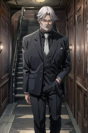 Sebas, 1boy 50yo old man, hair_slicked silverglay hair glaybeard glay mustache glay facial hair curtained hair, glay eyes, stocky muscular, tall person, black suit black collared shirt glay necktie white glove Aristocratic mansion red carpet, stairwell, stairs chandelier, 
