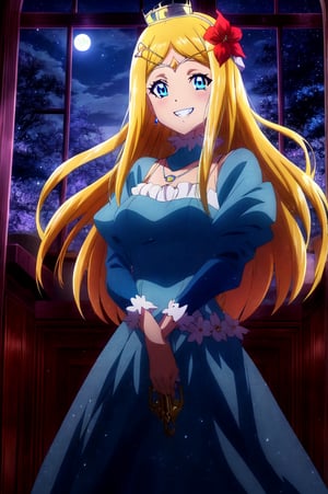 score_9, score_8_up, score_7_up, source_anime, rennertheierechardelonrylevaiself, renner theiere chardelon ryle vaiself, long hair, blue eyes, blonde hair, hair ornament, very long hair, flower, hair flower, smile, evil smile, evil grin, long sleeves, dress, jewelry, puffy sleeves, necklace, blue dress, crown, princess, frills, indoors, night, night sky, moonlight, moon, curtains, window, looking at viewer, cowboy shot, glowing eyes, hidden in the shadows, 