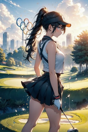 Paris Olympics, (((golf))), 
anime style beautiful woman, 1girl, (ponytail), black hair, (long hair), 
Slender, skinny, (turime), thick eyebrows, 
looking viewer, facing viewer, motion lines, stadium, olympic venues, 
 sports shorts, athletes uniforms, visor cap, polo shirt, sleeveless, skirt, 
 tight_clothes, 
((olympic rings symbol)), 
((bend forward)),((playing golf)), ((holding golf club)), ((golf course)), bent over, leaning forward, olympic rings, 
Olympic Stadium, stage, Midjourney,
