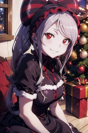 (((picture perfect))), (absurdres), 1girl, solo, , shalltear bloodfallen, frilled dress, gothic, bonnet, hair bow, fang out, looking at viewer, smile, christmas gift, christmas tree, Santa Claus