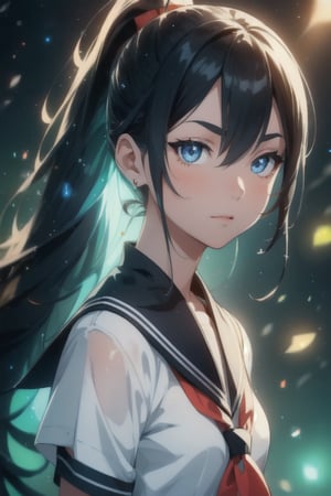 anime style beautiful woman, 1girl, (ponytail), black hair, (long hair), 
((face)), (close up), 
Slender, skinny, (turime), thick eyebrows, 
(school uniform), (sailor uniform), ((red sailor tie)), (white sailor blouse), 
vibrant colors, sharp focus, best quality, depth of field, cinematic lighting, (illustration, 8k CG, extremely detailed), ultra-detailed, high resolution, firefliesfireflies, perfect light, 
stylish pose, 8k, very clear, highest quality, high resolution. best quality, illustration, sax blue, 1girl, cute, (dynamic lighting:1.2), cinematic lighting, delicate facial features, detailed eyes, sharp pupils, realistic pupils, depth of field, bokeh, sharp focus, (hyper-detailed, bloom, glow:1.4), many small gem