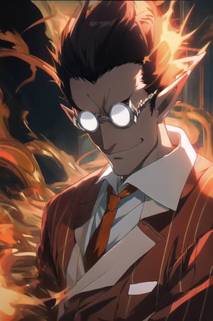 ((masterpiece))),best quality, illustration, (stylish pose), 
Demiurge, orange suit, orange trouser, Orange Necktie, Silver Round Glasses, short hair, pointy ears, black hair, Diamond Eyes, long metal tail,  black gloves, demiurge, 
upper body, fire, glowing forehead,r1ge,midjourney