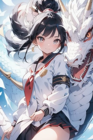 anime style beautiful woman, 1girl, (ponytail), black hair, (long hair), (smile),
Slender, skinny, (turime), thick eyebrows, 
(school uniform), (sailor uniform), ((red sailor tie)), (white sailor blouse), 
 (((black dragon, accentuating the visual allure of this unique fusion of ancient legend and modern hacking in the dragon's realm))), 
vibrant colors, sharp focus, best quality, depth of field, cinematic lighting, (illustration, 8k CG, extremely detailed), ultra-detailed, high resolution, firefliesfireflies, perfect light, 
stylish pose, 8k, very clear, highest quality, high resolution. best quality, illustration, sax blue, 1girl, cute, (dynamic lighting:1.2), cinematic lighting, delicate facial features, detailed eyes, sharp pupils, realistic pupils, depth of field, bokeh, sharp focus, (hyper-detailed, bloom, glow:1.4), many small gems,leviathandef,dragonbaby