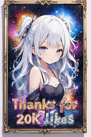 Create a cute and eye-catching logo featuring a beautiful smiling girl with white hair. The symbol is inspired by the universe. It is framed in gold for a sophisticated look. The word “Thanks for 20K likes” should be placed under and around the girl in a cute and stylish font that blends with the overall theme. "Thanks for 20K likes", The color palette emphasizes vivid colors and uses contrasting colors to enhance the visual impact of the logo,acryli painting, Anime style, Made of adrr-zllj,  (sign with text as "Thanks for 20K likes",Text)