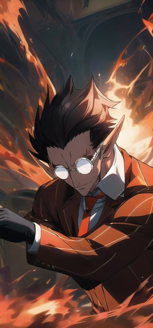 ((masterpiece))),best quality, illustration, (stylish pose), 
Demiurge, orange suit, orange trouser, Orange Necktie, Silver Round Glasses, short hair, pointy ears, black hair, Diamond Eyes, long metal tail,  black gloves, demiurge, 
upper body, fire, glowing forehead,r1ge,midjourney