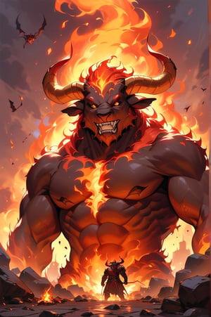 flame demon, fire, flames, smoke, evil grin, (minotaur), bull monster, from below, upper body, A frightening number of corpses lying on the ground, 
monster, fire, stone road, flame, Medieval,surrounding by fire,flame around the monster,flying debris,FuturEvoLabFlame,ink paint