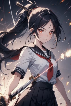 anime style beautiful woman, 1girl, (ponytail), black hair, (long hair), (smile),
Slender, skinny, (turime), thick eyebrows, 
(school uniform), (sailor uniform), ((red sailor tie)), (white sailor blouse), 
 (((weapon, katana, holding weapon, emphasis line, sparks, plasma, aura))), standing, 
vibrant colors, sharp focus, best quality, depth of field, cinematic lighting, (illustration, 8k CG, extremely detailed), ultra-detailed, high resolution, firefliesfireflies, perfect light, 
stylish pose, 8k, very clear, highest quality, high resolution. best quality, illustration, sax blue, 1girl, cute, (dynamic lighting:1.2), cinematic lighting, delicate facial features, detailed eyes, sharp pupils, realistic pupils, depth of field, bokeh, sharp focus, (hyper-detailed, bloom, glow:1.4), many small gems,