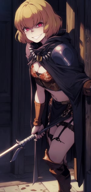 Clementine, pov, girl, red eyes, pupils, blond hair, short hair, masterpiece, best quality, highly detailed, absurdres, illustration, official art, high resolution, depth of field, midriff, garter belt, armor, leg armor, stiletto sword, cloak, sinister tone, detailed background, best quality, high resolution.,breakdomain,clementine, evil grin, blushing, face, close up, leaning forward, 