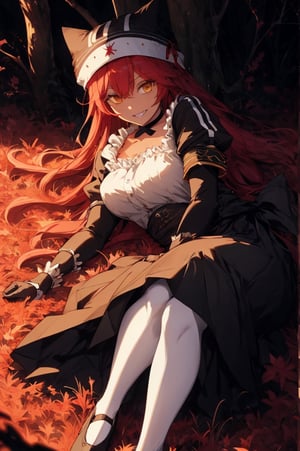 Lupusregina beta, evil grin, forest, shade, ((night, midnight, darkness)), BETA, masterpiece, best quality, high quality, highres, absurdres, 1girl, solo, animal hat, anime coloring, maid, puffy short sleeves, black headwear, collarbone, parody, official style, black choker, alternate costume, bridal gauntlets, black dress, white shirt, ess, dress, frills, long sleeves, maid, maid headdress, puffy sleeves, looking at viewer, masterpiece, best quality, high resolution, r1ge, ((lying on side)), legs, ((Bend knees)), (white pantyhose), 