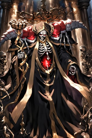 masterpiece, best quality, detailed
solo,
,ainz ooal gown \(overlord\), 1boy, red eyes, skull, skeleton, glowing, hood, shoulder armor, robe, staff, 

(((bathed in a pillar of light))), (light pillar),  