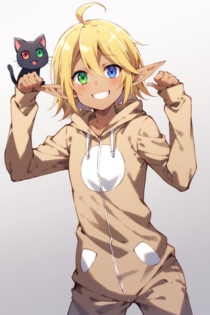 wear cat costume, black cat costume, Aura Bella Fiora \(overlord\), 1girl, solo, short hair, blonde hair, hair between eyes, blue eyes, green eyes, heterochromia, pointy ears, dark skin, elf, ahoge, 

smile, giggling, 
face, close up, simple background, standing, stylish pose, 
score_9,score_8_up,score_7_up,source_anime, dutch angle, 