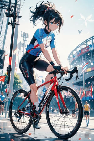 Paris Olympics, (((cycling))), Olympic cycling road competition,
anime style beautiful woman, 1girl, (ponytail), black hair, (long hair), 
Slender, skinny, (turime), thick eyebrows, 

wearing blue sport attire with tricolor lines, blue pants, playing sports, single glove, fingerless gloves, (wet), tight_clothes,
player uniform, 
riding a bike, wearing a cycling kit, wholesome, wet with sweat, ((at the finish line of a bike race)),
(riding a bicycle across the road),
motion blur, emphasis line, sparks, plasma, aura,
((Olympic Stadium, outdoors, crowd in distant stands, stadium, olympic venues)), 
,Midjourney,

vibrant colors, sharp focus, best quality, depth of field, cinematic lighting, (illustration, 8k CG, extremely detailed), ultra-detailed, high resolution, firefliesfireflies, perfect light, 
stylish pose, 8k, very clear, highest quality, high resolution. best quality, illustration, sax blue, 1girl, cute, (dynamic lighting:1.2), cinematic lighting, delicate facial features, detailed eyes, sharp pupils, realistic pupils, depth of field, bokeh, sharp focus, (hyper-detailed, bloom, glow:1.4), many small gems,Beautiful Beach,riding a road bike,Magic Forest,Half-timbered Construction,Nature,light