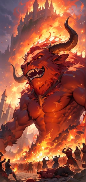 flame demon, fire, flames, smoke, evil grin, (minotaur), bull monster, from below, upper body, ((many people lying on the ground)), 
monster, fire, stone road, flame, Medieval, surrounding by fire,flame around the monster,flying debris,FuturEvoLabFlame, 
Castles, towers, medieval castle, outdoors, gloomy lighting, (afternoon:1.2), dynamic pose,perfect light, 