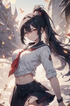 anime style beautiful woman, 1girl, (ponytail), black hair, (long hair), 
(smile), 
Slender, skinny, (turime), thick eyebrows, 
(school uniform), (sailor uniform), ((red sailor tie)), (white sailor blouse), 
((abs)), fighting pose, 
vibrant colors, sharp focus, best quality, depth of field, cinematic lighting, (illustration, 8k CG, extremely detailed), ultra-detailed, high resolution, firefliesfireflies, perfect light, 
stylish pose, 8k, very clear, highest quality, high resolution. best quality, illustration, sax blue, 1girl, cute, (dynamic lighting:1.2), cinematic lighting, delicate facial features, detailed eyes, sharp pupils, realistic pupils, depth of field, bokeh, sharp focus, (hyper-detailed, bloom, glow:1.4), many small gems,glowing gold