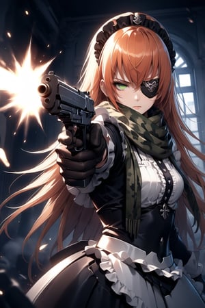 score_9, score_8_up, score_7_up, score_6_up, rating_explicit, masterpiece, best quality, beautiful lighting, 
1girl, solo, cz2128_delta \(overlord\), long hair, orange hair, green eyes, eyepatch,
maid, dress, maid headdress, camouflage, green scarf, gloves, boots, 
(holding gun:1.3), serious face, looking at viewer, shooting, upper body, dutch angle, aiming at viewer, firing shot, shooting, 