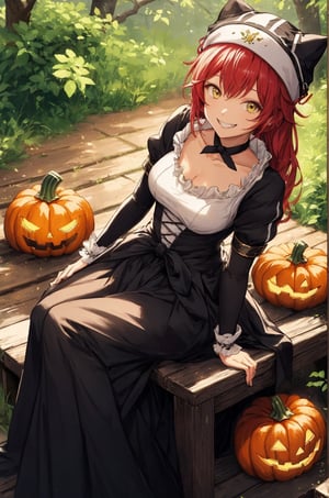 sitting, light smile, Woman dressed in a spooky Halloween costume, holding a carved pumpkin, surrounded by pumpkin, from above, 
lupusregina beta, evil grin, acrobatic pose, outdoors, forest, trees, BETA, masterpiece, best quality, high quality, highres, absurdres, 1girl, solo, animal hat, anime coloring, maid, upper body, puffy short sleeves, black headwear, collarbone, parody, official style, black choker, alternate costume, bridal gauntlets, black dress, white shirt, ess, dress, frills, long sleeves, maid, maid headdress, puffy sleeves, looking at viewer, masterpiece, best quality, high resolution, 
