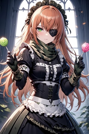  score_9, score_8_up, score_7_up, score_6_up, rating_explicit, masterpiece, best quality, beautiful lighting, 
1girl, solo, cz2128_delta \(overlord\), long hair, orange hair, green eyes, eyepatch,
maid, dress, maid headdress, camouflage, green scarf, gloves, boots, 
(holding colorful candy lollipop:1.3), looking at viewer, upper body, dutch angle,mukakinojisan,dual candys