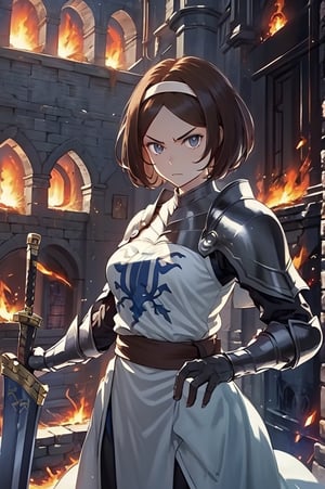 masterpiece, best quality, headband, 
1girl, solo
Remedios, short hair, hair band, brown hair, armor, serious face, looking at viewer,
((holding sword)), buster sword, fire, flames, smoke, magazine cover
Castles, walls, towers, castle wall, medieval castle, outdoors, gloomy lighting, (afternoon:1.2), dynamic pose, 