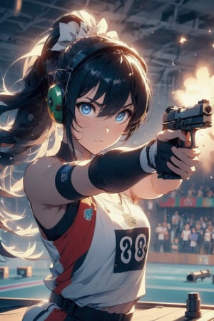 Paris Olympics, (((pistol shooting))), Olympic shooting competition,
anime style beautiful woman, 1girl, (ponytail), black hair, (long hair), 
Slender, skinny, (turime), thick eyebrows, 

((firing range)),(holding air handgun), outstretched arm,muzzle flash,aiming at viewer and target, player uniform, sleeveless, sports shorts, ((ear defenders)), fingerless gloves, olympic games venue, wind, steam, sweat, shadow, standing, 
((face)), (close up), (((holding gun))), aiming, 

8k, very clear, highest quality, high resolution. best quality, illustration, sax blue, 1girl, cute, (dynamic lighting:1.2), cinematic lighting, delicate facial features, detailed eyes, sharp pupils, realistic pupils, depth of field, bokeh, sharp focus, (hyper-detailed, bloom, glow:1.4), many small gems, Midjourney
