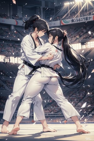 Paris Olympics, (((judo))),  
anime style beautiful woman, 1girl, (ponytail), black hair, (long hair), 
Slender, skinny, (turime), thick eyebrows, 
dougi, black belt, white pants, 
Judo combat pose, judo uniform with tricolor line, dynamic pose, motion blur, emphasis line, sparks, plasma, aura, 
Olympic Stadium, 
JudoCh