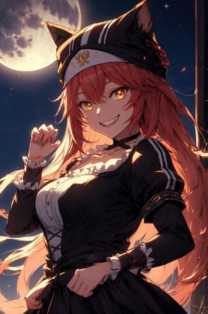 Werewolf, darkness, moon, (claw pose), Lupusregina beta, evil grin, forest, shade, ((night, midnight, darkness)), upper body, BETA, masterpiece, best quality, high quality, highres, absurdres, 1girl, solo, animal hat, anime coloring, maid, puffy short sleeves, black headwear, collarbone, parody, official style, black choker, alternate costume, bridal gauntlets, black dress, white shirt, ess, dress, frills, long sleeves, maid, maid headdress, puffy sleeves, looking at viewer, masterpiece, best quality, high resolution, r1ge, (front view), from below, face, close up, 