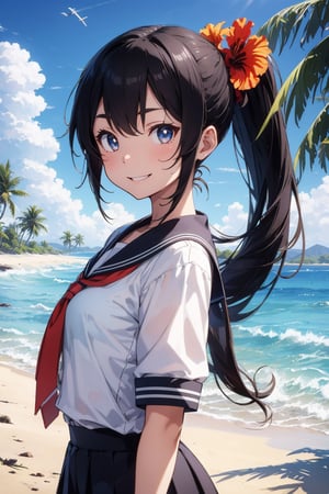 anime style beautiful woman, 1girl, (ponytail), black hair, (long hair), (smile), (beach), (outdoor, blue sky, beautiful fantasy tropics, sweet smile, vivid color, sunshine, flowers, hibiscus, scenery, Beautiful Beach)),  
Slender, skinny, (turime), thick eyebrows, (from below). 
(school uniform), (sailor uniform), ((red sailor tie)), (white sailor blouse), 
vibrant colors, sharp focus, best quality, depth of field, cinematic lighting, (illustration, 8k CG, extremely detailed), ultra-detailed, high resolution, firefliesfireflies, perfect light, 
stylish pose, 8k, very clear, highest quality, high resolution. best quality, illustration, sax blue, 1girl, cute, (dynamic lighting:1.2), cinematic lighting, delicate facial features, detailed eyes, sharp pupils, realistic pupils, depth of field, bokeh, sharp focus, (hyper-detailed, bloom, glow:1.4), many small gems,Beautiful Beach,breakdomain
