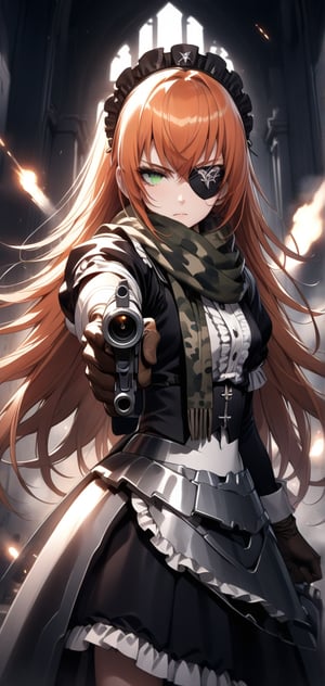 score_9, score_8_up, score_7_up, score_6_up, rating_explicit, masterpiece, best quality, beautiful lighting, 
1girl, solo, cz2128_delta \(overlord\), long hair, orange hair, green eyes, eyepatch,
maid, dress, maid headdress, camouflage, green scarf, gloves, boots, 
(holding gun:1.3), serious face, looking at viewer, shooting, upper body, dutch angle, aiming at viewer, firing shot, shooting, 