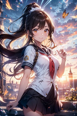 anime style beautiful woman, 1girl, (ponytail), brown hair, (long hair), smile, 
Slender, skinny, (turime), thick eyebrows, 
school uniform, sailor uniform, symple background, 
vibrant colors, female, masterpiece, sharp focus, best quality, depth of field, cinematic lighting, ((solo, one woman )), (illustration, 8k CG, extremely detailed), ultra-detailed, high resolution, firefliesfireflies,perfect light
The rays of hope in the entire universe converged on the goddess's chest, and a brand new sun was born from the goddess's chest ,(petals | rain), (Bubble | crystal), (Glory|White Cloud),