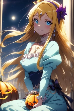 sitting, light smile, witch, Woman dressed in a spooky Halloween costume, holding a carved pumpkin, surrounded by pumpkin, score_9, score_8_up, score_7_up, source_anime, rennertheierechardelonrylevaiself, renner theiere chardelon ryle vaiself, long hair, blue eyes, blonde hair, hair ornament, very long hair, flower, hair flower, light smile, too much blushing, 
long sleeves, dress, jewelry, puffy sleeves, necklace, blue dress, crown, princess, frills, indoors, night, night sky, moonlight, moon, 
looking at viewer, cowboy shot, dutch angle, upper body, 