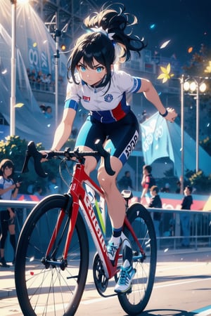 Paris Olympics, (((cycling))), Olympic cycling road competition,
anime style beautiful woman, 1girl, (ponytail), black hair, (long hair), 
Slender, skinny, (turime), thick eyebrows, 

wearing blue sport attire with tricolor lines, blue pants, playing sports, single glove,  fingerless gloves, 
player uniform, 
 (riding a bicycle across the road),
((Olympic Stadium, crowd in distant stands, stadium, olympic venues)), 
,Midjourney,

vibrant colors, sharp focus, best quality, depth of field, cinematic lighting, (illustration, 8k CG, extremely detailed), ultra-detailed, high resolution, firefliesfireflies, perfect light, 
stylish pose, 8k, very clear, highest quality, high resolution. best quality, illustration, sax blue, 1girl, cute, (dynamic lighting:1.2), cinematic lighting, delicate facial features, detailed eyes, sharp pupils, realistic pupils, depth of field, bokeh, sharp focus, (hyper-detailed, bloom, glow:1.4), many small gems,Beautiful Beach,riding a road bike,Magic Forest,Half-timbered Construction,Nature,light