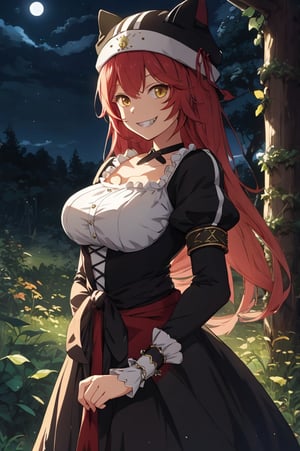 Lupusregina beta, evil grin, forest, trees, shade, ((night, midnight, darkness)), goblins, BETA, masterpiece, best quality, high quality, highres, absurdres, 1girl, solo, animal hat, anime coloring, maid, puffy short sleeves, black headwear, collarbone, parody, official style, black choker, alternate costume, bridal gauntlets, black dress, white shirt, ess, dress, frills, long sleeves, maid, maid headdress, puffy sleeves, looking at viewer, masterpiece, best quality, high resolution,Magic Forest