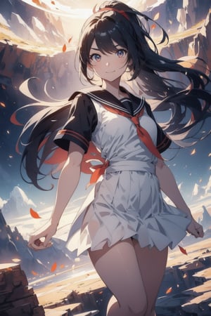 anime style beautiful woman, 1girl, (ponytail), black hair, (long hair), (smile), 
Slender, skinny, (turime), thick eyebrows, 
(school uniform), (sailor uniform), ((red sailor tie)), (white sailor blouse),
(A breathtaking landscape of Mars, revealing the planet's otherworldly beauty in all its glory. The vast expanse of crimson terrain stretches out as far as the eye can see, with towering canyons and rocky outcroppings jutting up from the surface. A vivid ochre sky, dotted with wispy white clouds, arches overhead, lending a surreal and dreamlike quality to the scene), 
vibrant colors, sharp focus, best quality, depth of field, cinematic lighting, (illustration, 8k CG, extremely detailed), ultra-detailed, high resolution, firefliesfireflies, perfect light, 
stylish pose, 8k, very clear, highest quality, high resolution. best quality, illustration, sax blue, 1girl, cute, (dynamic lighting:1.2), cinematic lighting, delicate facial features, detailed eyes, sharp pupils, realistic pupils, depth of field, bokeh, sharp focus, (hyper-detailed, bloom, glow:1.4), many small gems, 