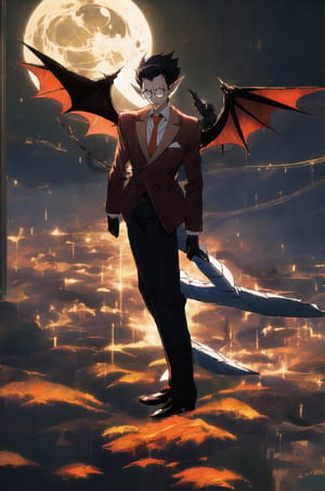 BAT, wings, flying, ((masterpiece))),best quality, illustration, 
Demiurge, orange suit, orange trouser, Orange Necktie, Silver Round Glasses, short hair, pointy ears, black hair, Diamond Eyes, long metal tail,  black gloves, demiurge, black wings, bat costume, 
moon, sky, darkness, full body, night