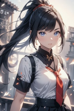 anime style beautiful woman, 1girl, (ponytail), black hair, (long hair), 
Fashion cheongsam, 
Slender, skinny, (turime), thick eyebrows, 
(school uniform), (sailor uniform), ((red sailor tie)), (white sailor blouse), 
vibrant colors, sharp focus, best quality, depth of field, cinematic lighting, (illustration, 8k CG, extremely detailed), ultra-detailed, high resolution, firefliesfireflies, perfect light, 
stylish pose, 8k, very clear, highest quality, high resolution. best quality, illustration, sax blue, 1girl, cute, (dynamic lighting:1.2), cinematic lighting, delicate facial features, detailed eyes, sharp pupils, realistic pupils, depth of field, bokeh, sharp focus, (hyper-detailed, bloom, glow:1.4), many small gems
