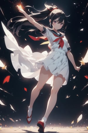 anime style beautiful woman, 1girl, (ponytail), black hair, (long hair), 
(smile), laser beam shoots from center in all directions, 
Slender, skinny, (turime), thick eyebrows, 
(school uniform), (sailor uniform), ((red sailor tie)), (white sailor blouse), 
 ((flying in very high sky)), ((full body)), 
vibrant colors, sharp focus, best quality, depth of field, cinematic lighting, (illustration, 8k CG, extremely detailed), ultra-detailed, high resolution, firefliesfireflies, perfect light, 
stylish pose, 8k, very clear, highest quality, high resolution. best quality, illustration, sax blue, 1girl, cute, (dynamic lighting:1.2), cinematic lighting, delicate facial features, detailed eyes, sharp pupils, realistic pupils, depth of field, bokeh, sharp focus, (hyper-detailed, bloom, glow:1.4), many small gems,