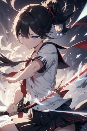 anime style beautiful woman, 1girl, (ponytail), black hair, (long hair), (smile),
Slender, skinny, (turime), thick eyebrows, 
(school uniform), (sailor uniform), ((red sailor tie)), (white sailor blouse), 
 (((fighting, dust, smoke, weapon, katana, holding weapon,  dynamic pose, motion blur, emphasis line, sparks, plasma, aura))), 
vibrant colors, sharp focus, best quality, depth of field, cinematic lighting, (illustration, 8k CG, extremely detailed), ultra-detailed, high resolution, firefliesfireflies, perfect light, 
stylish pose, 8k, very clear, highest quality, high resolution. best quality, illustration, sax blue, 1girl, cute, (dynamic lighting:1.2), cinematic lighting, delicate facial features, detailed eyes, sharp pupils, realistic pupils, depth of field, bokeh, sharp focus, (hyper-detailed, bloom, glow:1.4), many small gems,leviathandef,dragonbaby,seek,fight scene