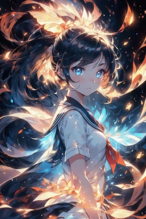 anime style beautiful woman, 1girl, (ponytail), black hair, (long hair), 
glowwave, 
Slender, skinny, (turime), thick eyebrows, 
(school uniform), (sailor uniform), ((red sailor tie)), (white sailor blouse), 
vibrant colors, sharp focus, best quality, depth of field, cinematic lighting, (illustration, 8k CG, extremely detailed), ultra-detailed, high resolution, firefliesfireflies, perfect light, 
stylish pose, 8k, very clear, highest quality, high resolution. best quality, illustration, sax blue, 1girl, cute, (dynamic lighting:1.2), cinematic lighting, delicate facial features, detailed eyes, sharp pupils, realistic pupils, depth of field, bokeh, sharp focus, (hyper-detailed, bloom, glow:1.4), many small gems,breakdomain,glowwave