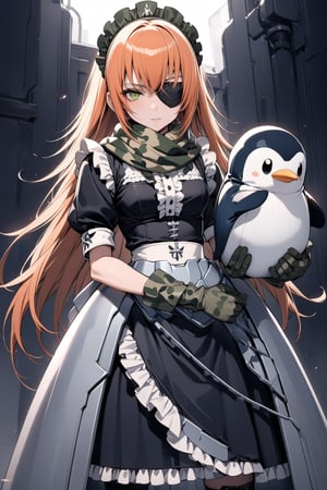 score_9, score_8_up, score_7_up, score_6_up, rating_explicit, masterpiece, best quality, beautiful lighting, 
1girl, solo, cz2128_delta \(overlord\), long hair, orange hair, green eyes, eyepatch,
maid, dress, maid headdress, camouflage, green scarf, gloves, boots, 

(holding large Stuffed Penguin:1.3), serious face, looking at viewer, 