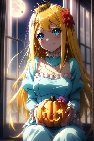 sitting, light smile, witch, Woman dressed in a spooky Halloween costume, holding a carved pumpkin, surrounded by pumpkin, score_9, score_8_up, score_7_up, source_anime, rennertheierechardelonrylevaiself, renner theiere chardelon ryle vaiself, long hair, blue eyes, blonde hair, hair ornament, very long hair, flower, hair flower, light smile, too much blushing, long sleeves, dress, jewelry, puffy sleeves, necklace, blue dress, crown, princess, frills, indoors, night, night sky, moonlight, moon, curtains, window, looking at viewer, cowboy shot, dutch angle, upper body, 