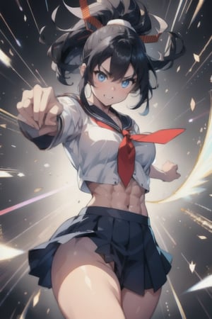 anime style beautiful woman, 1girl, (ponytail), black hair, (long hair), 
(smile), 
Slender, skinny, (turime), thick eyebrows, 
(school uniform), (sailor uniform), ((red sailor tie)), (white sailor blouse), 
(((abs))), ((rushpunch, punching, clenched hands, oreshortening, incoming attack, aura, afterimage, motion lines, speed lines, motion_blur,  energy, glowing,)), ((((punching, fighting stance, motion blur, speed line))), 
vibrant colors, sharp focus, best quality, depth of field, cinematic lighting, (illustration, 8k CG, extremely detailed), ultra-detailed, high resolution, firefliesfireflies, perfect light, 
stylish pose, 8k, very clear, highest quality, high resolution. best quality, illustration, sax blue, 1girl, cute, (dynamic lighting:1.2), cinematic lighting, delicate facial features, detailed eyes, sharp pupils, realistic pupils, depth of field, bokeh, sharp focus, (hyper-detailed, bloom, glow:1.4), many small gems,glowing gold,rushpunch