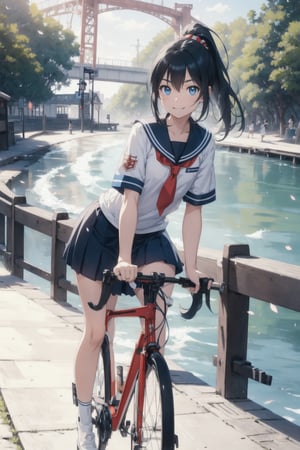 anime style beautiful woman, 1girl, (ponytail), black hair, (long hair), (smile), (beach), (outdoor, blue sky, beautiful nature, sweet smile, vivid color, sunshine, flowers, scenery)),  (riding a bicycle across the road), (((bridge))), 
Slender, skinny, Flat Chest, small breasts, (turime), thick eyebrows, 
(school uniform), (sailor uniform), ((red sailor tie)), (white sailor blouse), 
vibrant colors, sharp focus, best quality, depth of field, cinematic lighting, (illustration, 8k CG, extremely detailed), ultra-detailed, high resolution, firefliesfireflies, perfect light, 
stylish pose, 8k, very clear, highest quality, high resolution. best quality, illustration, sax blue, 1girl, cute, (dynamic lighting:1.2), cinematic lighting, delicate facial features, detailed eyes, sharp pupils, realistic pupils, depth of field, bokeh, sharp focus, (hyper-detailed, bloom, glow:1.4), many small gems,Beautiful Beach,riding a road bike,Magic Forest,Half-timbered Construction,Nature,light