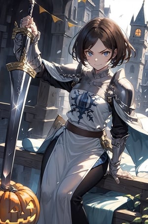 sitting, light smile, witch, Woman dressed in a spooky Halloween costume, holding a carved pumpkin, surrounded by pumpkin, masterpiece, best quality
1girl, solo
1girl on a castle wall, medieval castle, outdoors, gloomy lighting, (afternoon:1.2), 
Remedios, short hair, hair band, brown hair, armor, serious face, looking at viewer,
fighting stance, sword, ((holding sword)), buster sword, 